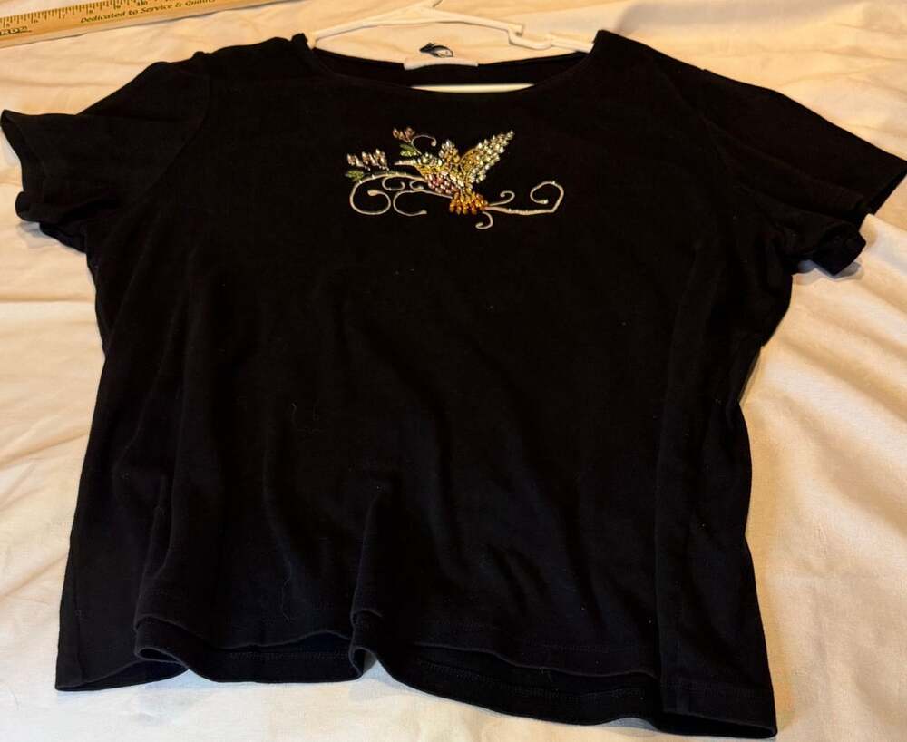 Karen Scott Beaded Hummingbird T-Shirt Size XXL Black Short Sleeve